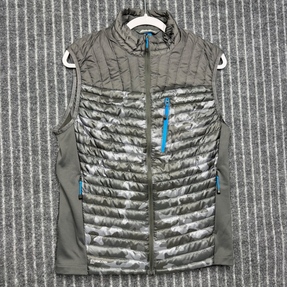 Eddie Bauer Mens First Ascent StormDown 800 Vest Small Gray Camo Puffer Hybrid